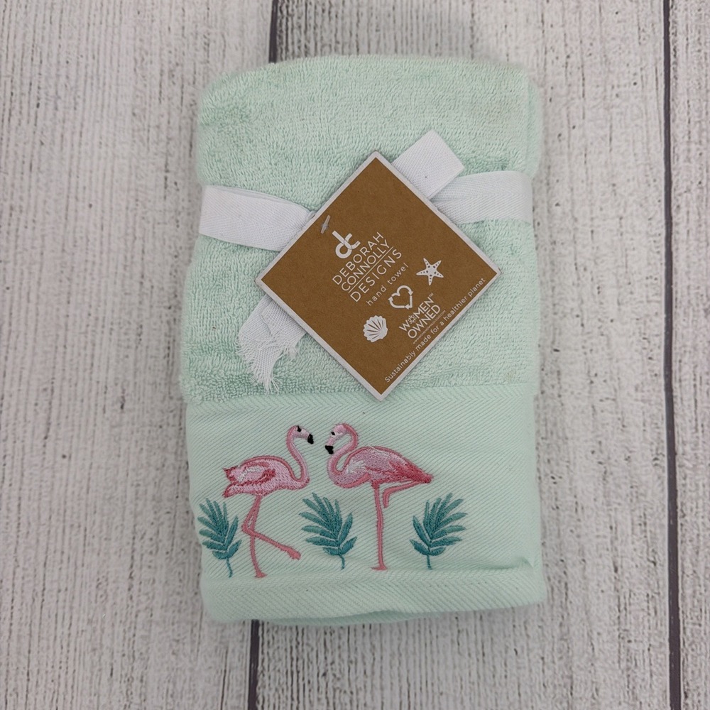 Deborah Connolly Hand Towels (Set of 2) Mint Green Pink Embroidered Flamingo